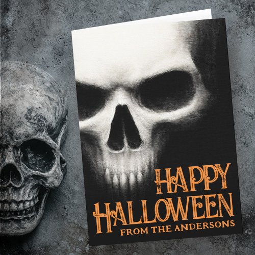 Happy Halloween creepy ghost skull black orange Holiday Card