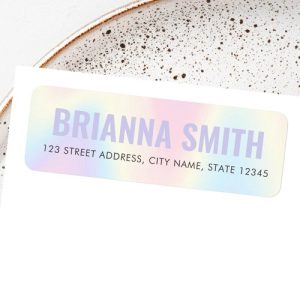 Personalized pastel rainbow address label with blended soft colors and modern typography, featuring uppercase lavender name and clear black address details.