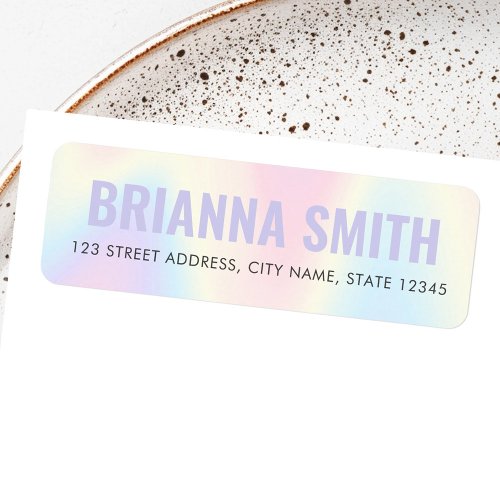 Personalized pastel rainbow address label with blended soft colors and modern typography, featuring uppercase lavender name and clear black address details.