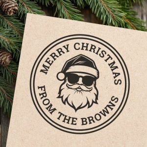 Cool Santa wearing sunglasses Merry Christmas rubber stamp with custom name