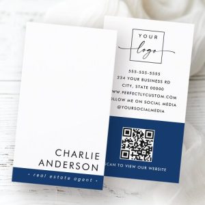 Modern minimal QR code dark blue white vertical Business Card