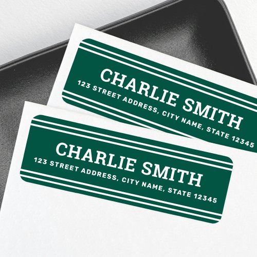 Personalized dark green return address label with white bold text and stripes, custom name and address