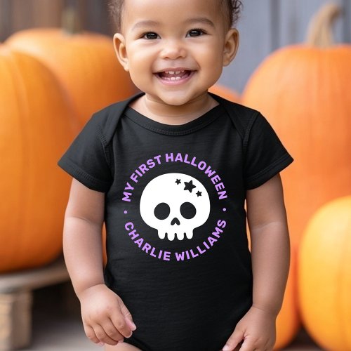 Black baby bodysuit with white skull and purple “My First Halloween” personalized design.