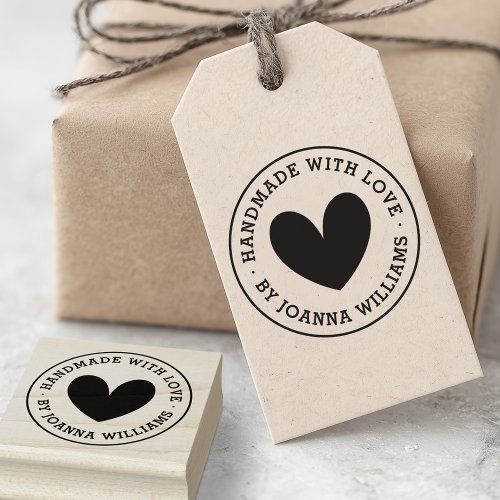 Personalized rubber stamp with cute heart and circular text reading “Handmade with Love” and custom name. Perfect for small business branding, gift packaging, crafts, and handmade products.